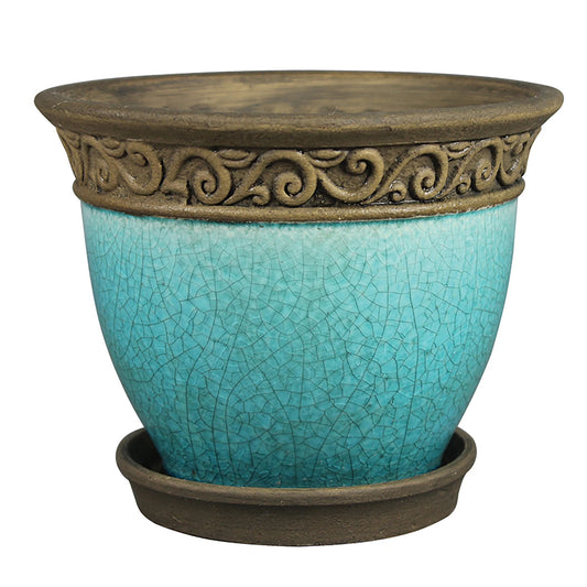 Cadiz 8In Ceramic Planter Pot W/Saucer, Teal (2 Pack)