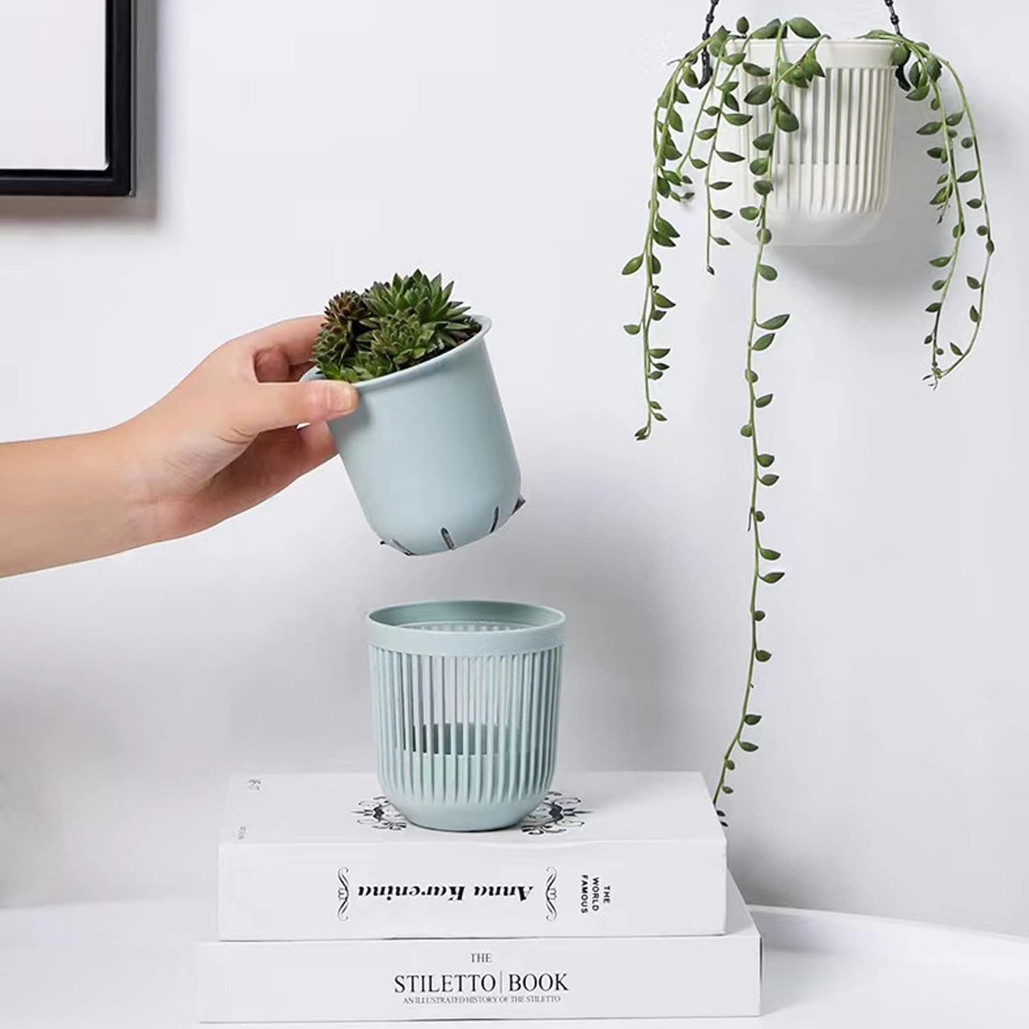 3.5‘’ Two-Piece Succulent Planters Pots with Drainage, Flexible Removable Handle, Flower Pots for Mini Plants, Small Hanging Planter for Wall, Window, 6 PCAK, White