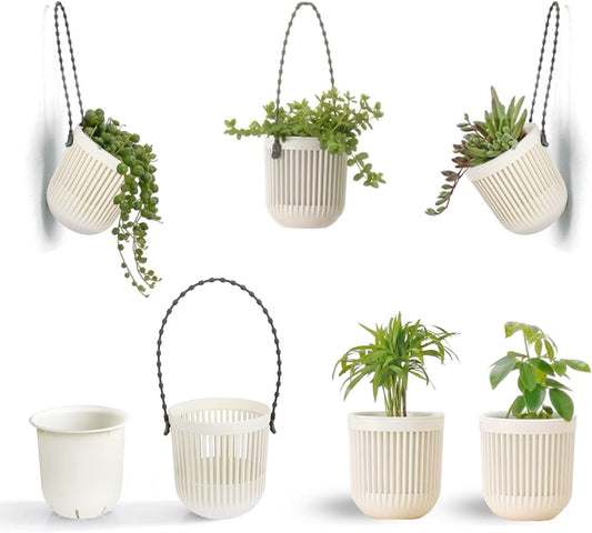 3.5‘’ Two-Piece Succulent Planters Pots with Drainage, Flexible Removable Handle, Flower Pots for Mini Plants, Small Hanging Planter for Wall, Window, 6 PCAK, White