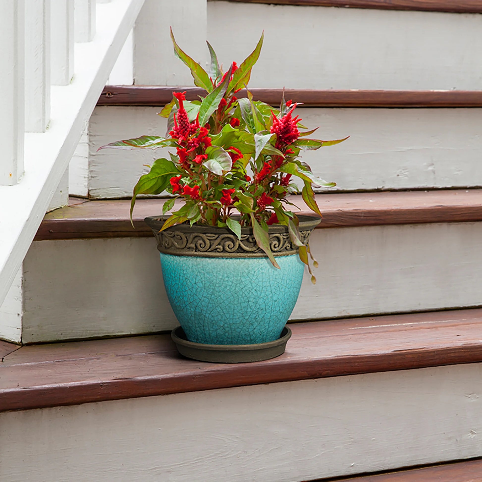 Cadiz 8In Ceramic Planter Pot W/Saucer, Teal (2 Pack)