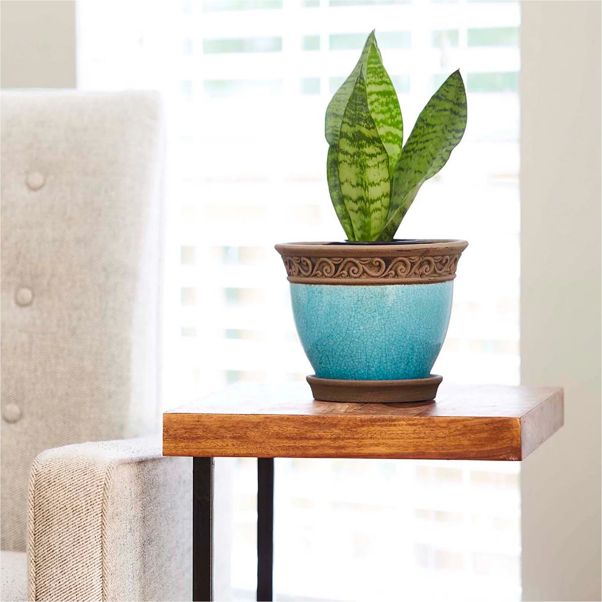 Cadiz 8In Ceramic Planter Pot W/Saucer, Teal (2 Pack)