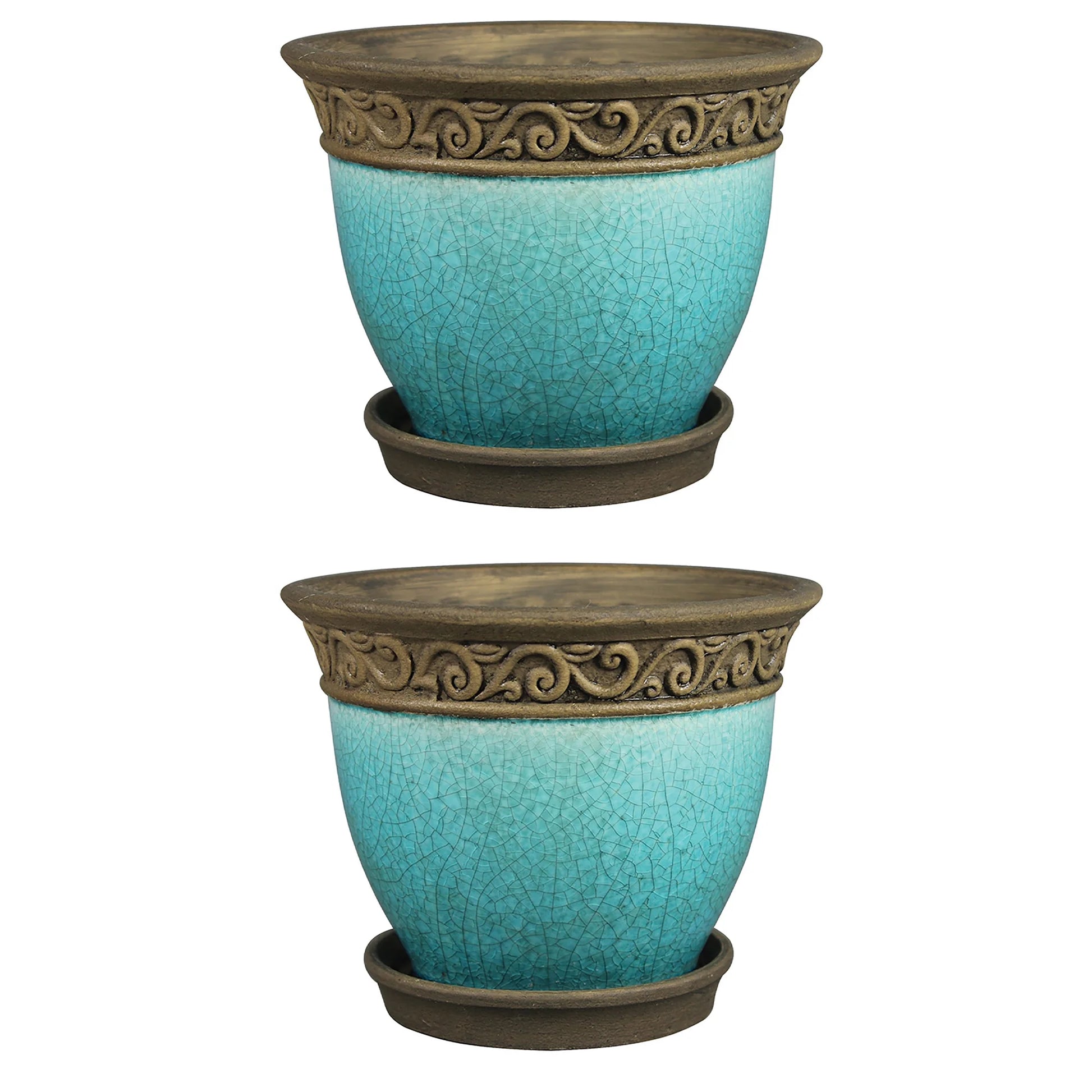 Cadiz 8In Ceramic Planter Pot W/Saucer, Teal (2 Pack)