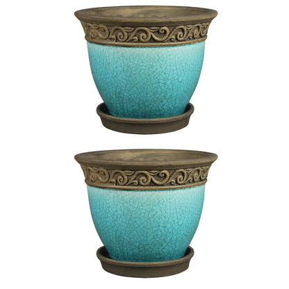 Cadiz 8In Ceramic Planter Pot W/Saucer, Teal (2 Pack)